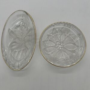 Vintage Set Of 2 Crystal Floral Trinket Jewelry Trays 1980s